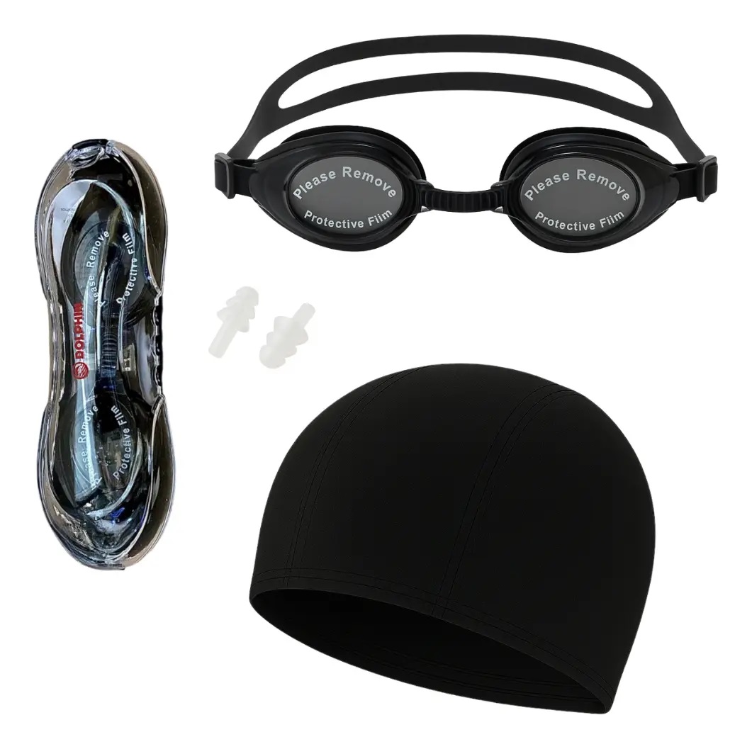 Kit Natación Antiparras Gorro Lycra Estuche Tapones Oídos Negro